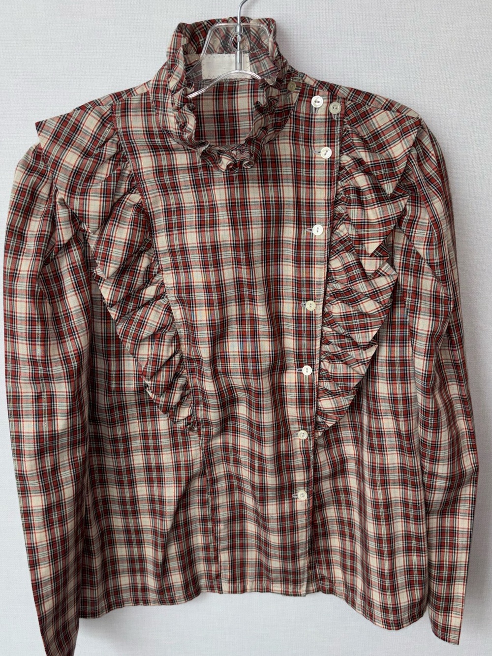 Vintage 70s Prairie Blouse Handmade Plaid Ruffle Front Cottagecore Romantic Top